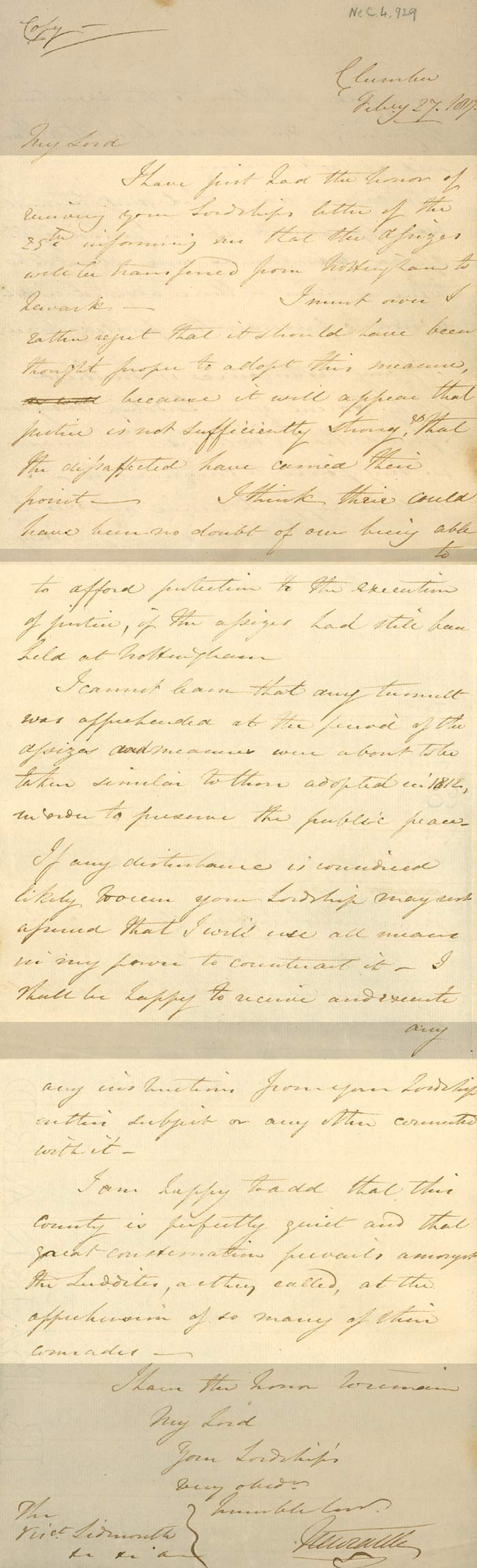 Letter from Newcastle, Clumber, to Lord Sidmouth (Home Secretary), 27 February 1817 (Ne C 4929)