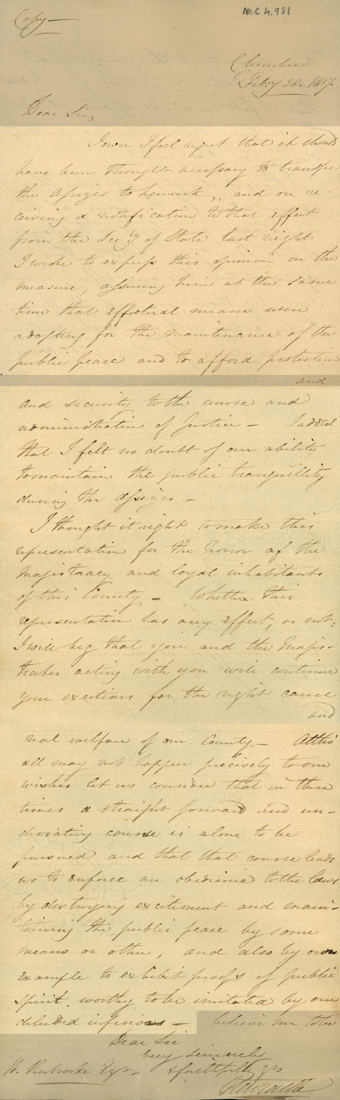 Letter from Newcastle, Clumber, to William Sherbrooke, Oxton, 28 February 1817 (Ne C 4981)